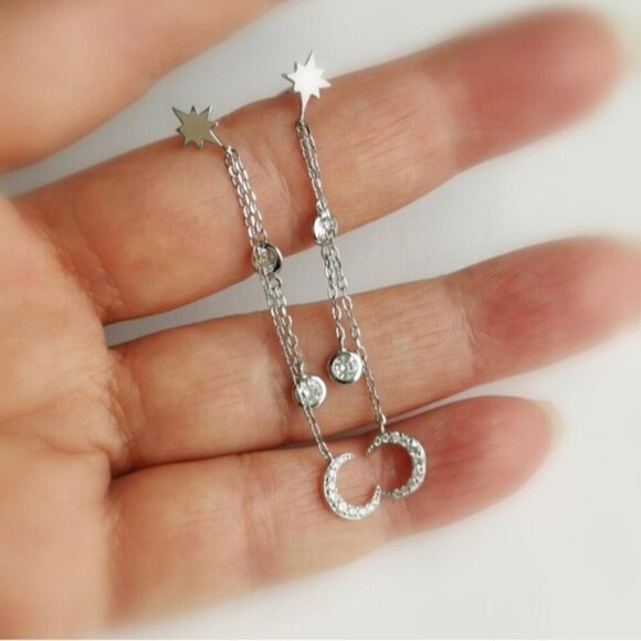 Sterling silver Crescent Moon dangle earrings cz 🆕 - Picture 5 of 6